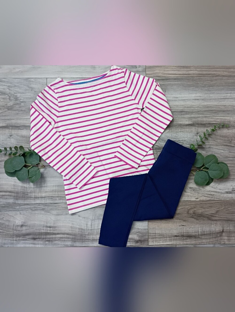 Mini Boden Pink and White Striped Long Sleeve Top with Navy Leggings